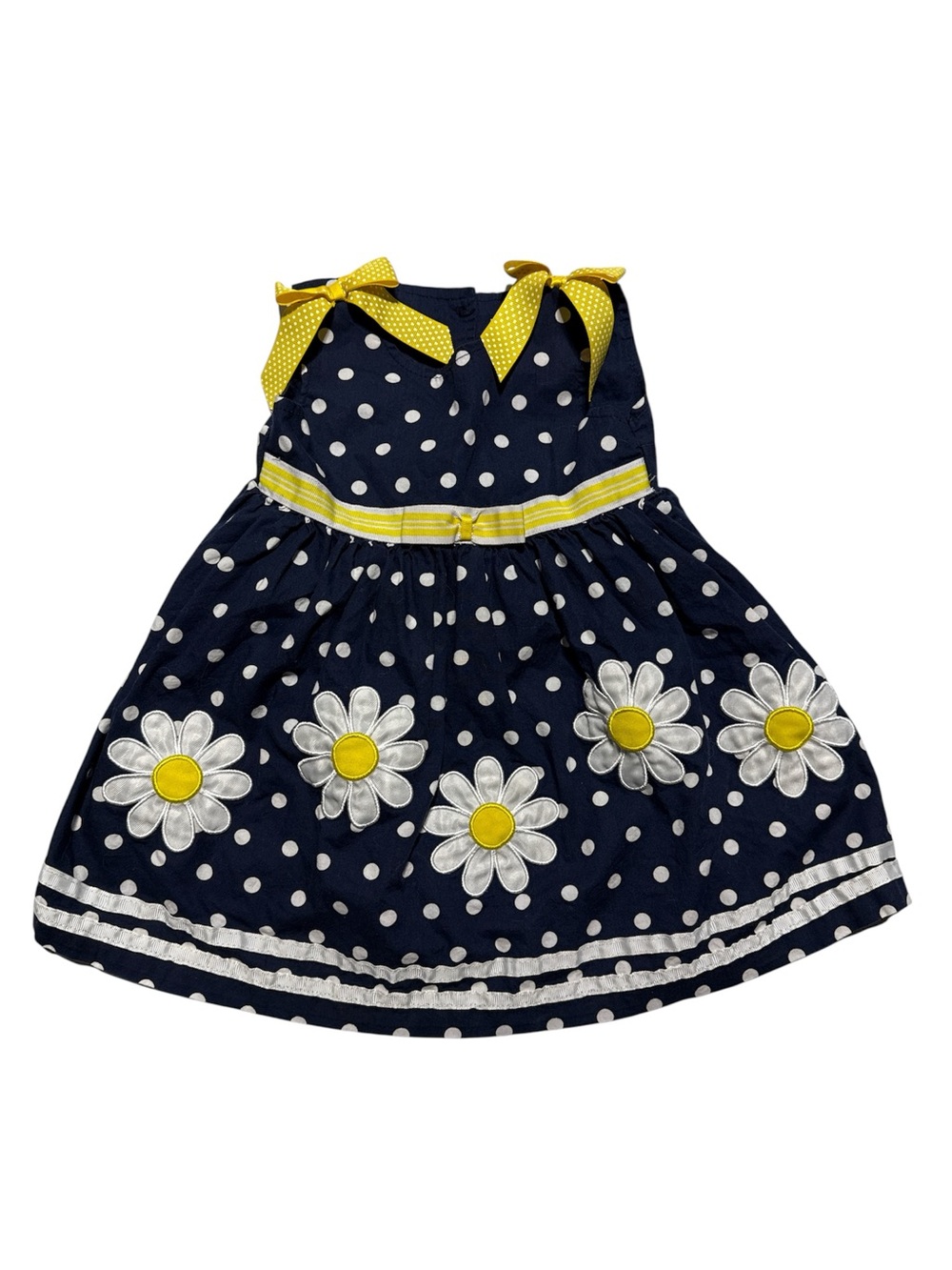 Blueberi Boulevard Toddler Girls Navy Blue Polka Dot Dress with Daisy Appliqués